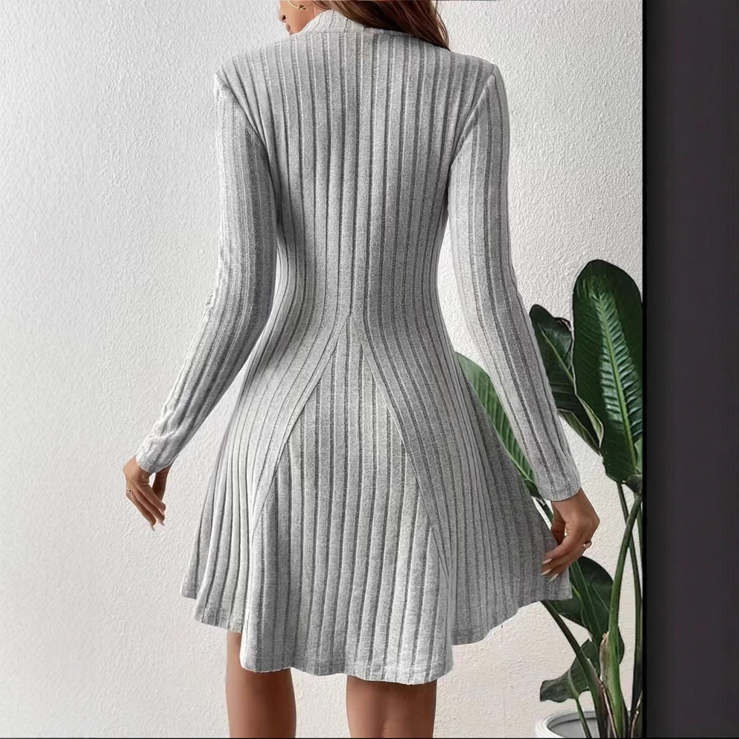 Elena™ Slim Fit Ribbed A-Line Dress – High Neck & Long Sleeves