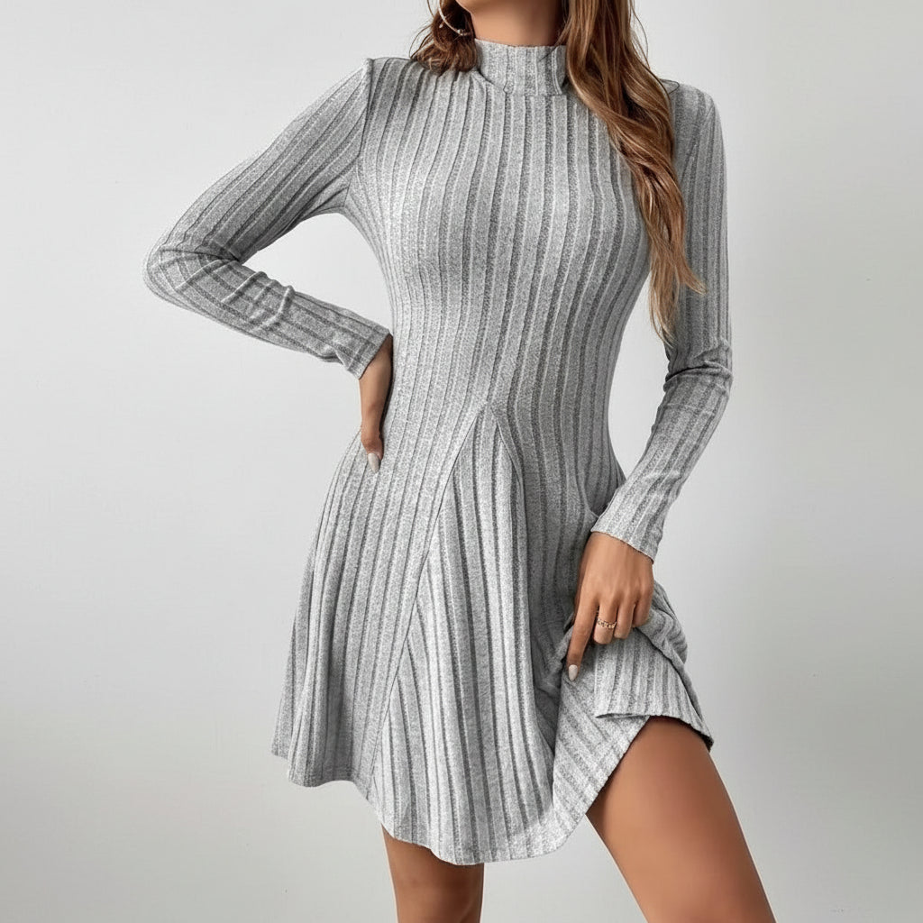 Elena™ Slim Fit Ribbed A-Line Dress – High Neck & Long Sleeves