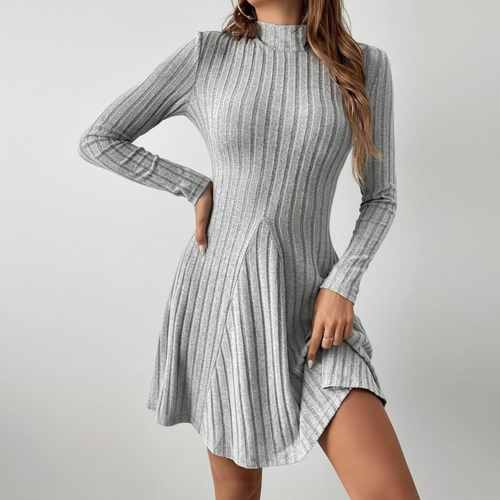 Elena™ Slim Fit Ribbed A-Line Dress – High Neck & Long Sleeves