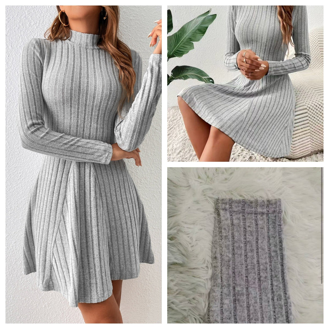 Elena™ Slim Fit Ribbed A-Line Dress – High Neck & Long Sleeves