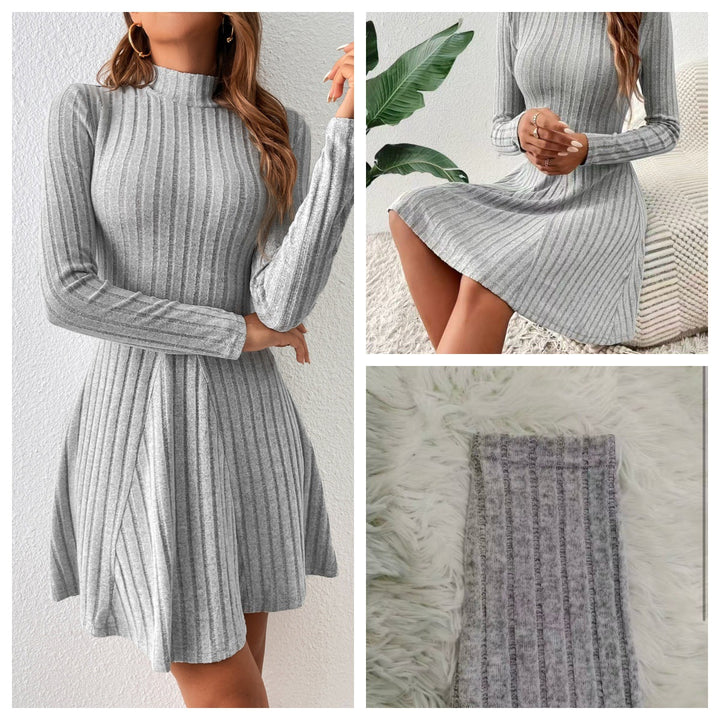 Elena™ Slim Fit Ribbed A-Line Dress – High Neck & Long Sleeves