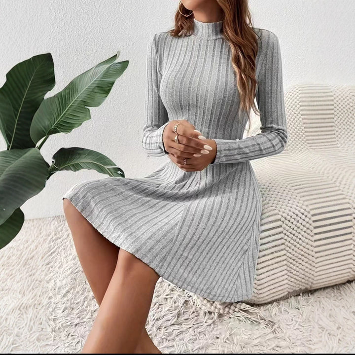 Elena™ Slim Fit Ribbed A-Line Dress – High Neck & Long Sleeves