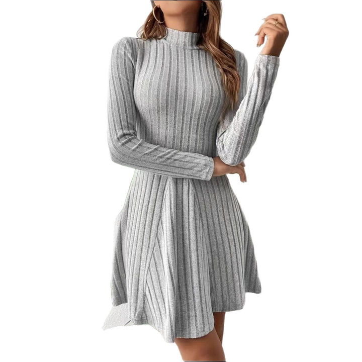 Elena™ Slim Fit Ribbed A-Line Dress – High Neck & Long Sleeves